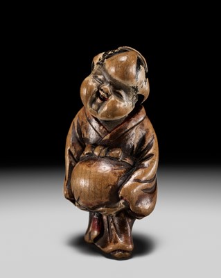 Lot 92 - A CHSAISHIKI NETSUKE OF OKAME, STYLE OF YOSHIMURA SHUZAN