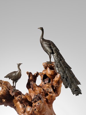SEIYA: A LARGE BRONZE OKIMONO OF TWO PEACOCKS ON A BURLWOOD STUMP