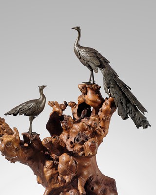 Lot 10 - SEIYA: A LARGE BRONZE OKIMONO OF TWO PEACOCKS ON A BURLWOOD STUMP