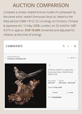 SEIYA: A LARGE BRONZE OKIMONO OF TWO PEACOCKS ON A BURLWOOD STUMP