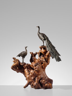 SEIYA: A LARGE BRONZE OKIMONO OF TWO PEACOCKS ON A BURLWOOD STUMP