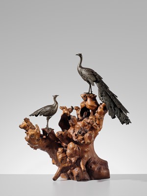 SEIYA: A LARGE BRONZE OKIMONO OF TWO PEACOCKS ON A BURLWOOD STUMP