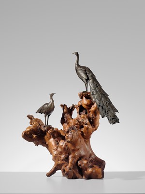 SEIYA: A LARGE BRONZE OKIMONO OF TWO PEACOCKS ON A BURLWOOD STUMP