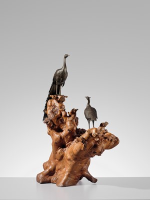 SEIYA: A LARGE BRONZE OKIMONO OF TWO PEACOCKS ON A BURLWOOD STUMP