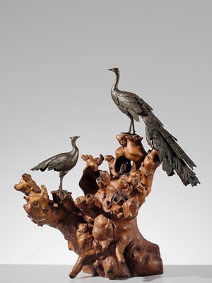 SEIYA: A LARGE BRONZE OKIMONO OF TWO PEACOCKS ON A BURLWOOD STUMP