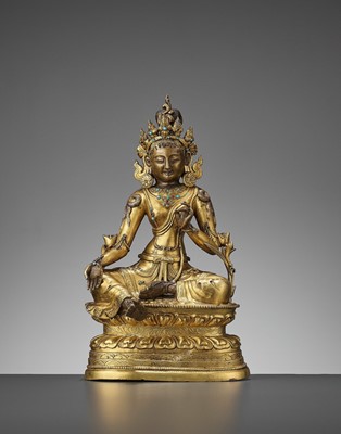 Lot 488 - A GILT-BRONZE FIGURE OF GREEN TARA, MID-QING