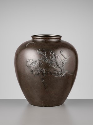 Lot 33 - SEIGYOKU: A MASSIVE SILVER-INLAID BRONZE VASE WITH A TIGER AND CRESCENT MOON