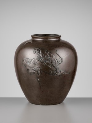 Lot 33 - SEIGYOKU: A MASSIVE SILVER-INLAID BRONZE VASE WITH A TIGER AND CRESCENT MOON