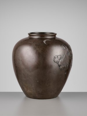 Lot 33 - SEIGYOKU: A MASSIVE SILVER-INLAID BRONZE VASE WITH A TIGER AND CRESCENT MOON