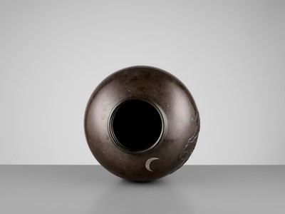 Lot 33 - SEIGYOKU: A MASSIVE SILVER-INLAID BRONZE VASE WITH A TIGER AND CRESCENT MOON