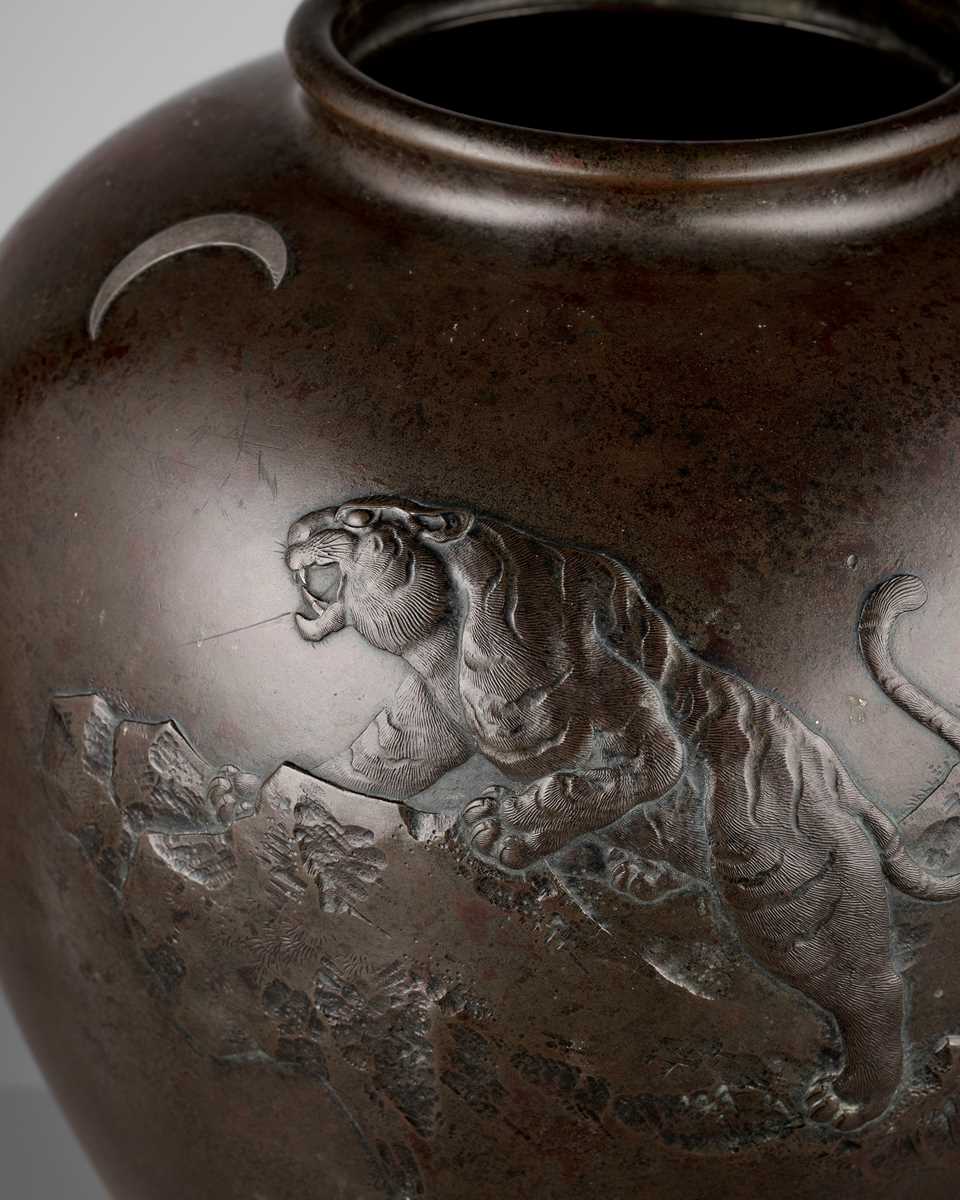 Lot 33 - SEIGYOKU: A MASSIVE SILVER-INLAID BRONZE VASE WITH A TIGER AND CRESCENT MOON