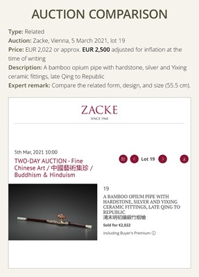 Lot 131 - A HARDWOOD OPIUM PIPE WITH HARDSTONE AND METAL FITTINGS, LATE QING DYNASTY TO REPUBLIC PERIOD