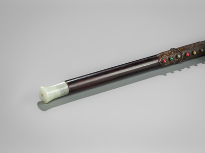 Lot 131 - A HARDWOOD OPIUM PIPE WITH HARDSTONE AND METAL FITTINGS, LATE QING DYNASTY TO REPUBLIC PERIOD
