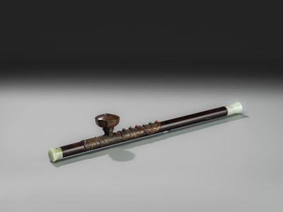 Lot 131 - A HARDWOOD OPIUM PIPE WITH HARDSTONE AND METAL FITTINGS, LATE QING DYNASTY TO REPUBLIC PERIOD