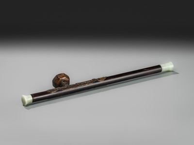 Lot 131 - A HARDWOOD OPIUM PIPE WITH HARDSTONE AND METAL FITTINGS, LATE QING DYNASTY TO REPUBLIC PERIOD