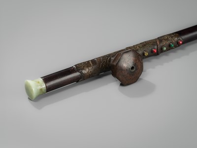 Lot 131 - A HARDWOOD OPIUM PIPE WITH HARDSTONE AND METAL FITTINGS, LATE QING DYNASTY TO REPUBLIC PERIOD