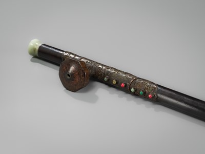 Lot 131 - A HARDWOOD OPIUM PIPE WITH HARDSTONE AND METAL FITTINGS, LATE QING DYNASTY TO REPUBLIC PERIOD