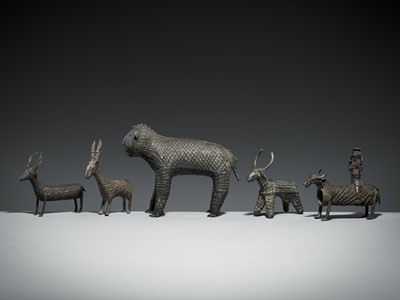 Lot 222 - A GROUP OF FIVE KONDH TRIBAL BRONZE FIGURES DEPICTING ANIMALS AND RIDERS, LATE 19TH-EARLY 20TH CENTURY
