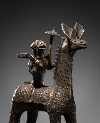 Lot 86 - A GROUP OF THREE KONDH TRIBAL BRONZES OF WARRIORS ON HORSEBACK, EASTERN INDIA, LATE 19TH-EARLY 20TH CENTURY