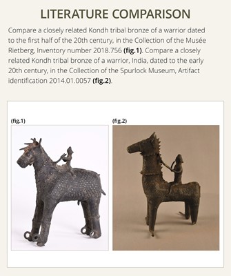 Lot 86 - A GROUP OF THREE KONDH TRIBAL BRONZES OF WARRIORS ON HORSEBACK, EASTERN INDIA, LATE 19TH-EARLY 20TH CENTURY