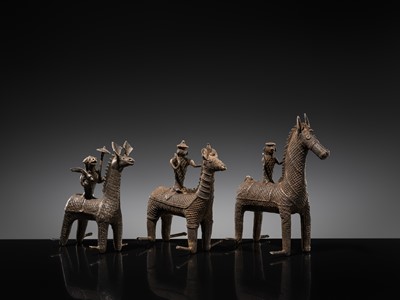 Lot 86 - A GROUP OF THREE KONDH TRIBAL BRONZES OF WARRIORS ON HORSEBACK, EASTERN INDIA, LATE 19TH-EARLY 20TH CENTURY