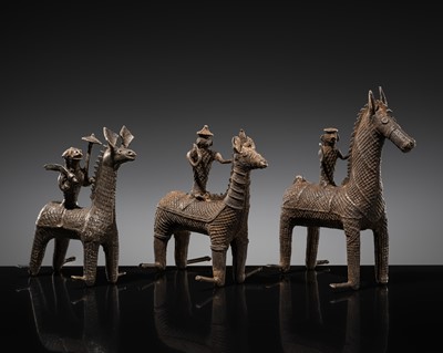 Lot 86 - A GROUP OF THREE KONDH TRIBAL BRONZES OF WARRIORS ON HORSEBACK, EASTERN INDIA, LATE 19TH-EARLY 20TH CENTURY