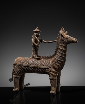 Lot 86 - A GROUP OF THREE KONDH TRIBAL BRONZES OF WARRIORS ON HORSEBACK, EASTERN INDIA, LATE 19TH-EARLY 20TH CENTURY