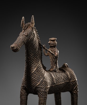 Lot 86 - A GROUP OF THREE KONDH TRIBAL BRONZES OF WARRIORS ON HORSEBACK, EASTERN INDIA, LATE 19TH-EARLY 20TH CENTURY