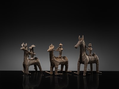Lot 86 - A GROUP OF THREE KONDH TRIBAL BRONZES OF WARRIORS ON HORSEBACK, EASTERN INDIA, LATE 19TH-EARLY 20TH CENTURY