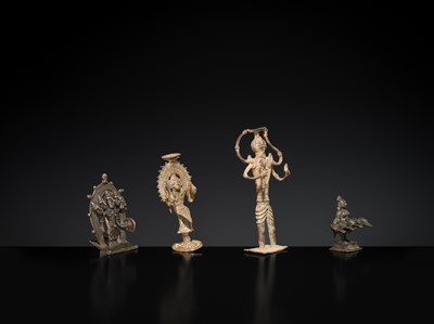 Lot 219 - A GROUP OF THREE BASTAR TRIBAL BRONZE FIGURES AND A SOUTH INDIAN ‘DEEPALAKSHMI’ VOTIVE LAMP, MID-20TH CENTURY AND EARLIER
