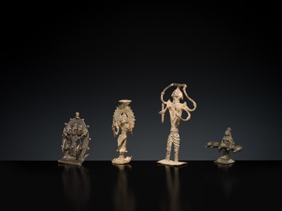 Lot 219 - A GROUP OF THREE BASTAR TRIBAL BRONZE FIGURES AND A SOUTH INDIAN ‘DEEPALAKSHMI’ VOTIVE LAMP, MID-20TH CENTURY AND EARLIER