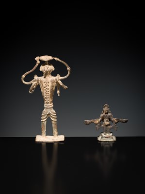 Lot 219 - A GROUP OF THREE BASTAR TRIBAL BRONZE FIGURES AND A SOUTH INDIAN ‘DEEPALAKSHMI’ VOTIVE LAMP, MID-20TH CENTURY AND EARLIER