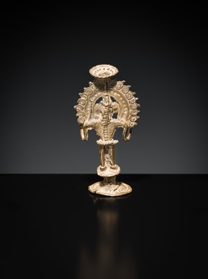 Lot 219 - A GROUP OF THREE BASTAR TRIBAL BRONZE FIGURES AND A SOUTH INDIAN ‘DEEPALAKSHMI’ VOTIVE LAMP, MID-20TH CENTURY AND EARLIER