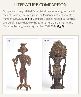 Lot 219 - A GROUP OF THREE BASTAR TRIBAL BRONZE FIGURES AND A SOUTH INDIAN ‘DEEPALAKSHMI’ VOTIVE LAMP, MID-20TH CENTURY AND EARLIER