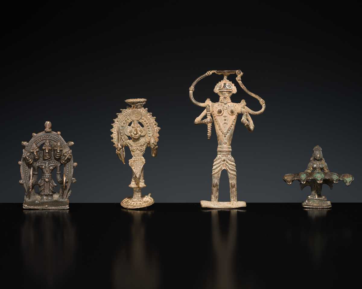 Lot 219 - A GROUP OF THREE BASTAR TRIBAL BRONZE FIGURES AND A SOUTH INDIAN ‘DEEPALAKSHMI’ VOTIVE LAMP, MID-20TH CENTURY AND EARLIER