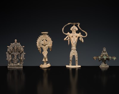 Lot 219 - A GROUP OF THREE BASTAR TRIBAL BRONZE FIGURES AND A SOUTH INDIAN ‘DEEPALAKSHMI’ VOTIVE LAMP, MID-20TH CENTURY AND EARLIER