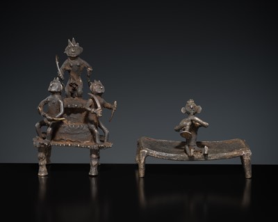 Lot 220 - A GROUP OF TWO KONDH TRIBAL BRONZES DEPICTING WARRIORS AND A FLUTE PLAYER