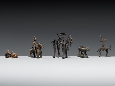 Lot 223 - A GROUP OF FIVE INDIAN FOLK AND TRIBAL BRONZES, MID-20TH CENTURY AND EARLIER