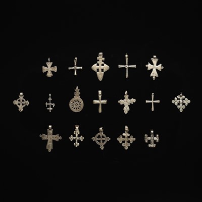 Lot 258 - A GROUP OF SEVENTEEN ETHIOPIAN SILVER COPTIC PENDANT CROSSES