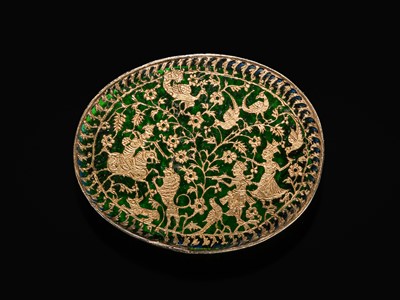 Lot 106 - A GOLD AND STAINED GLASS (THEWA) PENDANT AND PLAQUE, 19TH CENTURY