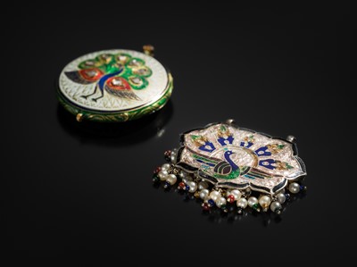 Lot 198 - A GROUP OF TWO ENAMELED ‘PEACOCK’ PENDANTS, NORTHERN INDIA, 19TH CENTURY