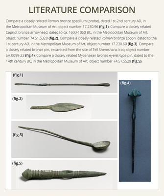 Lot 173 - A GROUP OF TWENTY-FOUR GREEK AND ROMAN BRONZE PINS, SPOONS AND TOOLS, 1ST MILLENNIUM AD AND EARLIER