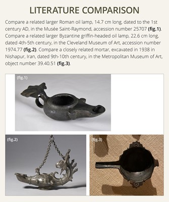 Lot 166 - A BRONZE MORTAR AND OIL LAMP, LATE ROMAN TO EARLY ISLAMIC PERIOD, CIRCA 1ST MILLENNIUM AD