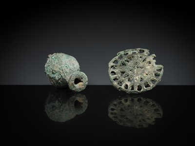 Lot 164 - A BACTRIAN BRONZE COMPARTMENTED STAMP SEAL AND A COSMETIC CONTAINER, LATE 3RD-EARLY 2ND MILLENNIUM BC