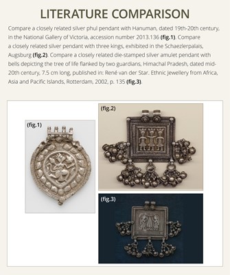 Lot 204 - A GROUP OF SIX SILVER REPOUSSÉ AMULET PENDANTS AND VOTIVE PLAQUE, HIMACHAL PRADESH AND RAJASTHAN