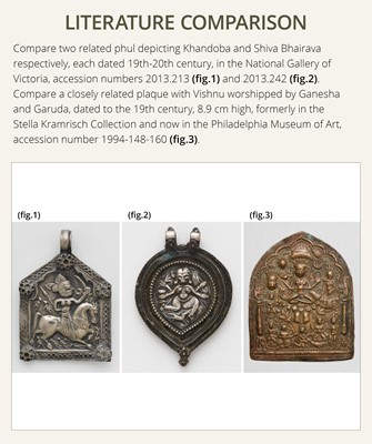 Lot 109 - A GROUP OF THREE SILVER REPOUSSÉ VOTIVE PLAQUES AND A PILGRIMAGE AND DEVOTIONAL PENDANT, PHUL, MAHARASHTRA, 19TH CENTURY OR EARLIER