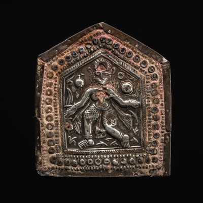 Lot 109 - A GROUP OF THREE SILVER REPOUSSÉ VOTIVE PLAQUES AND A PILGRIMAGE AND DEVOTIONAL PENDANT, PHUL, MAHARASHTRA, 19TH CENTURY OR EARLIER