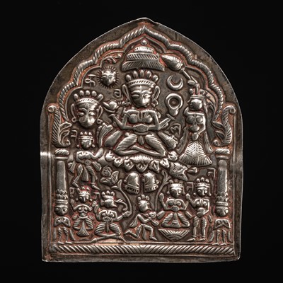 Lot 109 - A GROUP OF THREE SILVER REPOUSSÉ VOTIVE PLAQUES AND A PILGRIMAGE AND DEVOTIONAL PENDANT, PHUL, MAHARASHTRA, 19TH CENTURY OR EARLIER