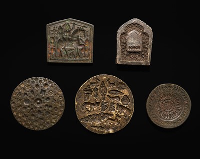 Lot 111 - A GROUP OF RARE BRONZE AND BRASS MOLDS WITH LOTUS AND ANIMALS
