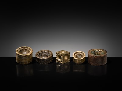 Lot 112 - A GROUP OF FIVE BUDDHIST BRONZE MOLDS WITH GANKYIL AND LOTUS